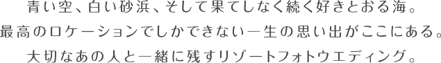 青い空、白い砂浜、そして果てしなく続く好きとおる海。最高のロケーションでしかできない一生の思い出がここにある。大切なあの人と一緒に残すリゾートフォトウェディング。